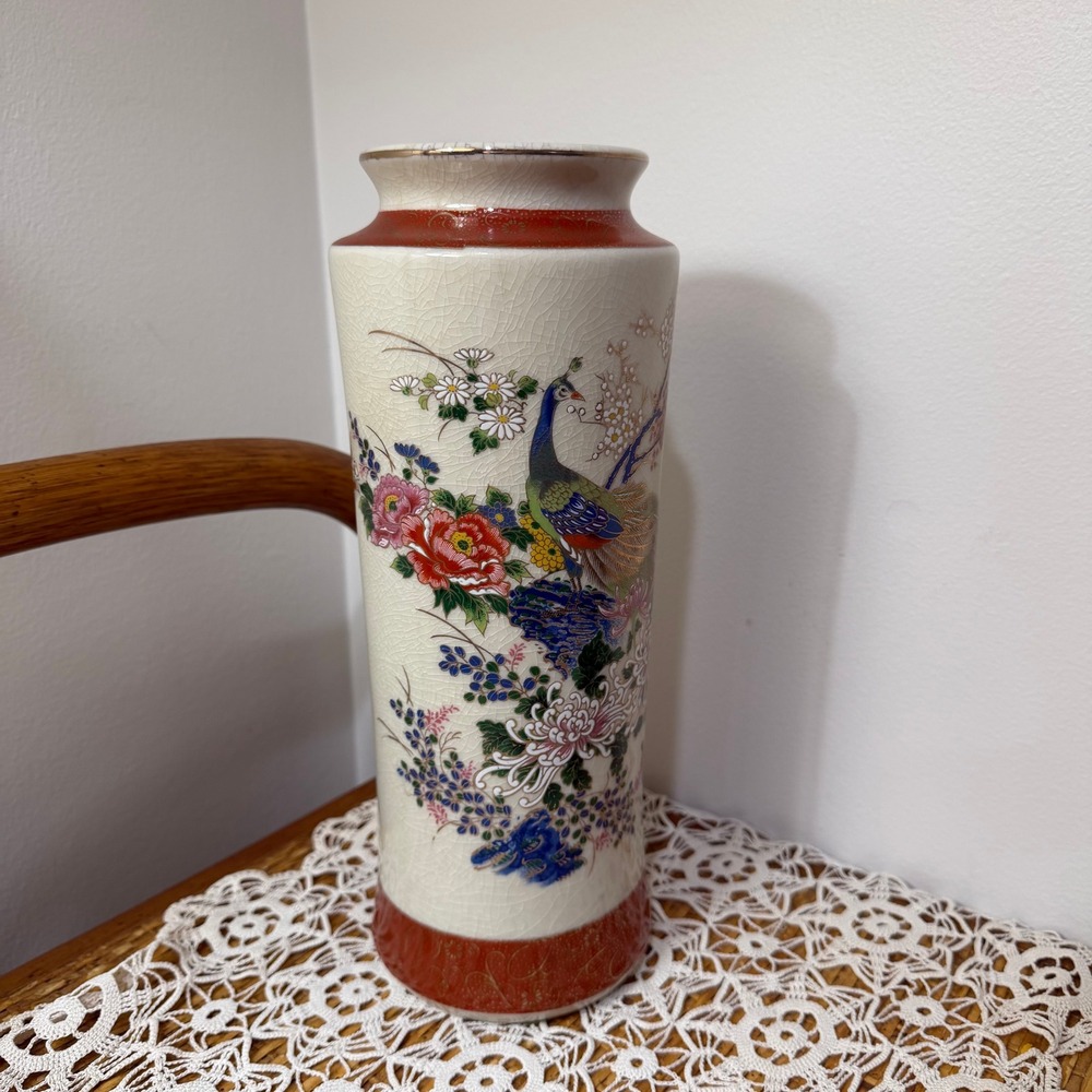 Vintage Japanese Satsuma 12" Peacock Vase Crackle Glaze Floral Gold Accents